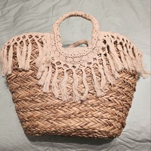 Straw Tote with Macrame Fringe